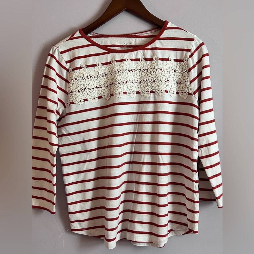 LOFT Outlet Red and White Striped Top With Lace Detail on Bodice Size Medium